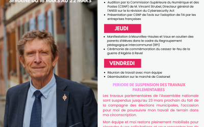 Agenda du député Oberti pour la période de suspension parlementaire de mars 2026