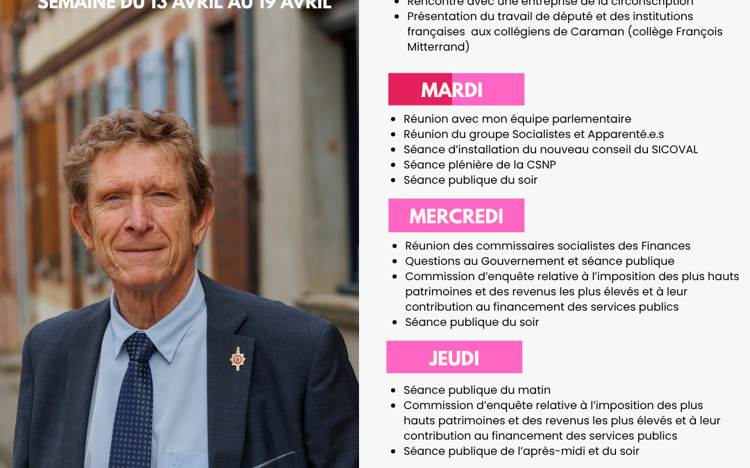 Agenda du 13 au 19 avril 2026